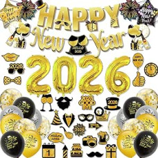 Silvester Deko 2026 XXL rinkinys, Laimingų Naujųjų Metų vėliava, 2026 Riesen Folienballons, Silvester Photo Booth Requisiten, Schwarz und Gold Wirbel, Luftballons und Konfetti