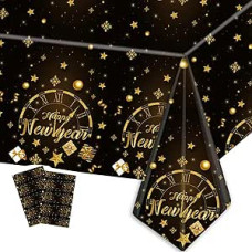 2 pakuočių laimingų Naujųjų metų vakarėlio staltiesė, Naujųjų metų išvakarių staltiesė, juoda auksinė naujametinė staltiesė, plastikinė staltiesė, vandeniui atspari staltiesė Naujųjų metų išvakarių dekoracijoms 2025