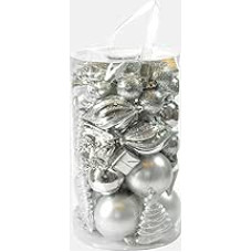 Dmora Box 50 pieces multi-shaped Christmas decorations, ornaments and lace, set of Christmas baubles, box Christmas tree set, 4 to 10 cm, silver colour