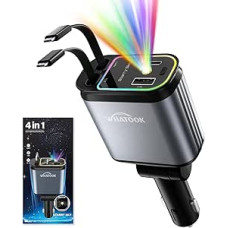 WHATOOK ištraukiamas USB automobilinis įkroviklis: 4 in 1 66 W greitasis mobiliojo telefono įkroviklis su cigarečių žiebtuvėliu ir LED 