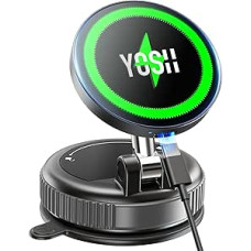 YOSH For Magsafe Car Mount with Charging Function 15 W, [Vacuum Suction Cup & N55 Strong Magnets], Mobile Phone Holder Car for Magsafe Charger, Dashboard Holder for iPhone 17 16 15 14 13 12
