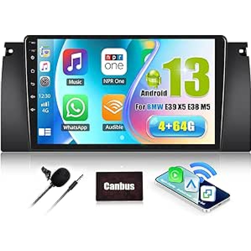 SIXWIN 4+64G Android 13 Autoradio für BMW E39 1999-2005 mit Carplay/Android Auto/Mirrorlink,9 Zoll HD Touchscreen Unterstützt WiFi GPS Bluetooth5.0 FM RDS Radio Lenkradbedienelemente