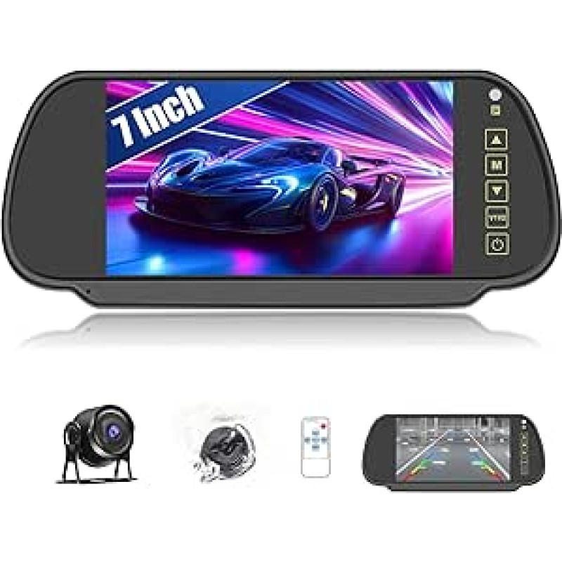 CAMECHO atbulinės eigos kameros rinkinys su 7 colių LCD veidrodžio kamera, 1080P atbulinės eigos kamera su IP66 vandeniui atspariu naktiniu matymu, palaiko atbulinės eigos pagalbos liniją, vaizdo veidrodinis atvaizdavimas sunkvežimiams, autobusams, mikroa