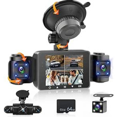 360 laipsnių 4 kanalų 1080P automobilio prietaisų skydelio kamera, 3 colių IPS ekranas su 64 GB SD kortele, G jutiklis, atbulinės eigos kamera, 24 val. parkavimo režimas, naktinis matymas, įrašymas kilpa