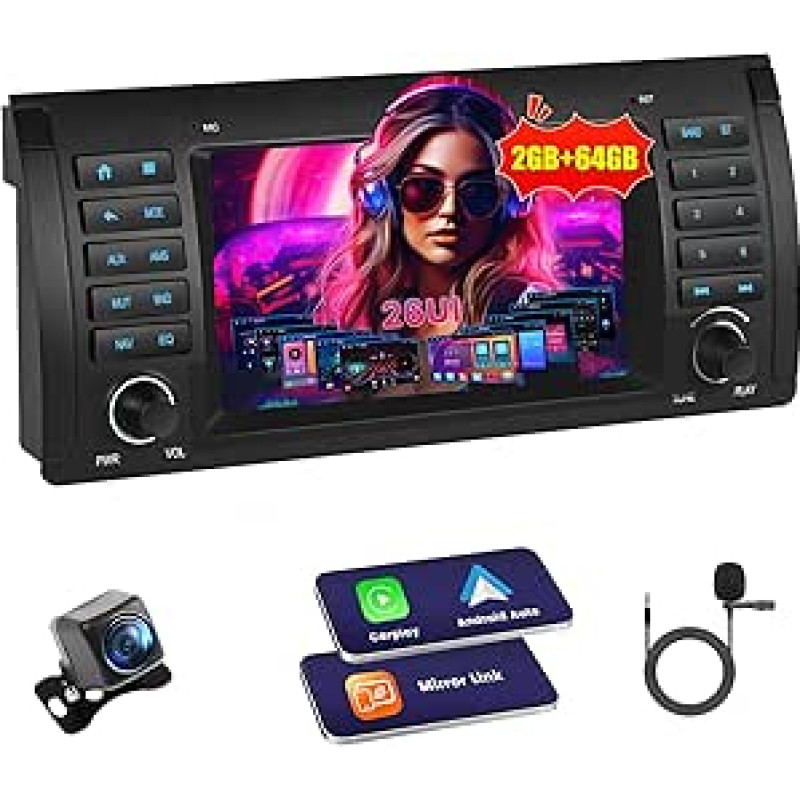 Automobilinis radijas BMW 5 serijos E39 1996-2003/X5 E53 2000-2007/M5 1996-2003, Android 2G+64G, belaidis Carplay ir Android Car, 2 DIN radijo imtuvas su GPS/WiFi/Bluetooth/USB/RDS/FM mikrofonu, atbuline eiga