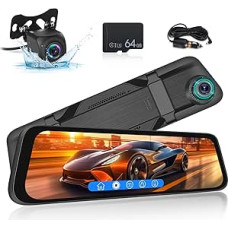 11.8 Inch Rear View Camera Mirror - 1080P HD Touchscreen Mirror Dashcam with Front and Rear View Backu Camera for Cars - Loop Recording G-Senors Parking Surveillance 150° Wide Angle with 64GB TF Card