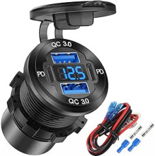 4-Port 12V USB Socket Aluminium Charger, 78W Dual PD & QC Car U-S-B Connection, USB C Cigarette Lighter Replacement 12 Volt Socket with Voltmeter Waterproof for Boat, Motorcycle, Motorhome