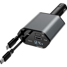 4-in-1 Cigarette Lighter, 120 W Retractable Car Charger, Quick Charger, USB, Car Charger with Cable Roll & LED Display, Compatible with iPhone 16/17/15/14/13, Samsung, Huawei