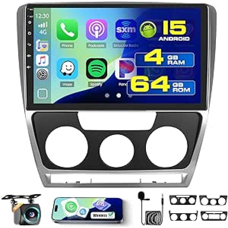 Roinvou 4+64G automobilinis radijas Android 15 VW Skoda Octavia 2007-2014 Belaidis Carplay Android automobilis, jutiklinio ekrano radijas 10 colių ekranas WiFi GPS Bluetooth 32EQ FM/RDS SWC atbulinės eigos kamera