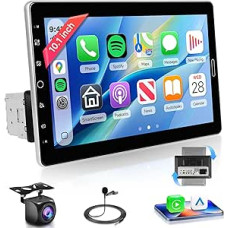 Rimoody Wireless Carplay 1 DIN Car Radio 10.1 Inch Rotating Touchscreen Car Radio with Android Car IOS/Android Mirror Link Bluetooth FM/AM/RDS/AUX/EQ/USB Steering Wheel Control Reversing Camera MIC