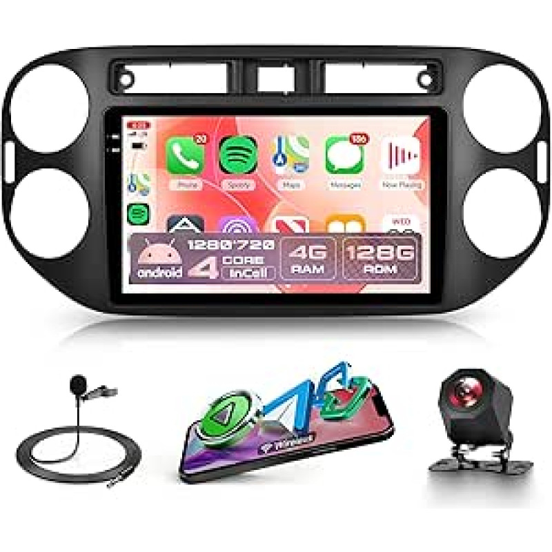 4G + 128G Android automobilinis radijas VW Tiguan 2014-2016 su belaidžiu Carplay Android automobiliu, 9 colių Incell jutiklinio ekrano automobilinis radijas su GPS navigacija WiFi Mirror Link Bluetooth FM/RDS radijas EQ/USB/SWC
