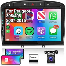Hodozzy Carplay/Android automobilinis radijas, skirtas Peugeot 408/308/308 SW 2008-2015 m. su navigacija, 9 colių jutiklinis ekranas su Mirror Link/WiFi/GPS/RDS/FM/Bluetooth/USB + atbulinės eigos kamera + mikrofonas
