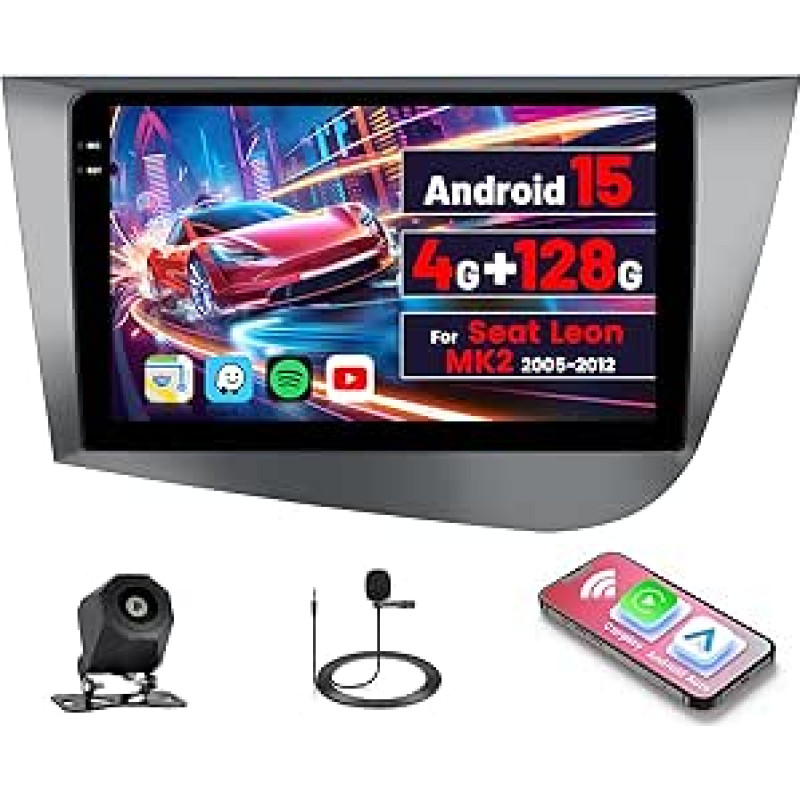 [4G+128G] Inefala Android 15 Autoradio für Seat Leon Mk2 mit Wireless Carplay Android, 9 Zoll Touchscreen Radio mit Navi GPS WiFi RDS/FM Bluetooth EQ SWC Rückfahrkamera Mic
