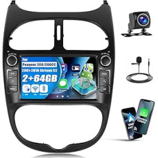 2G + 64G Android Wireless CarPlay Car Radio for Peugeot 206 206CC 206SW 1998-2016 Citroen C2 2004-2008 with Android Car, 7 Inch Touchscreen Navigation WiFi EQ FM/RDS Bluetooth Mirror Link SWC