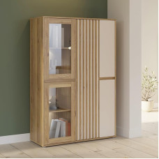 Forte Eliston 100 110 Modern Cabinet with Slat Design, 5 Doors, Living Room, Bedroom, Mauvella Oak Wood Decor, Kashmir Beige, 109.3 cm Wide x 161.7 cm High x 41.5 cm Deep