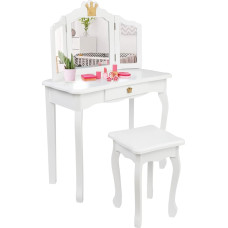 LALAHO Vaikų tualetinis staliukas su taburete Tualetinis staliukas Vaikų tualetinis staliukas mergaitėms Tualetinis staliukas su stalčiumi ir dviem 180° kampu sulankstomais veidrodžiais 3-9 metų vaikams (baltas)