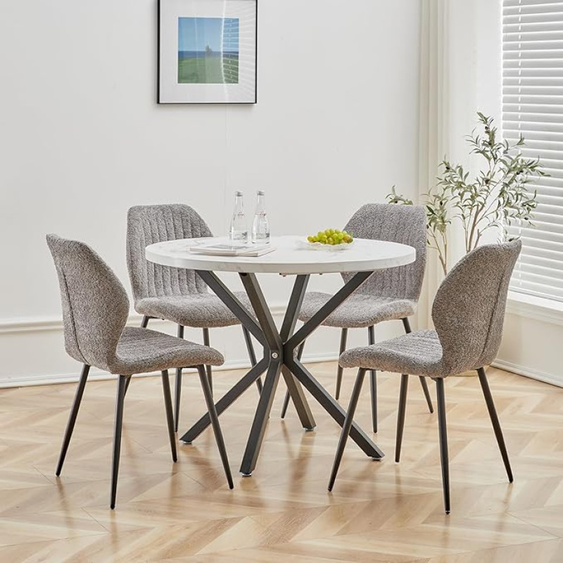 Valgomojo komplektas stalas ir kėdės, 100 cm apvalus valgomojo stalas ir 4 lininės valgomojo kėdės, 4 kėdės ir stalas virtuvei, valgomajam ir svetainei (pilka/ST, 100 x 100 x 76,5 cm)