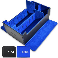 tombert Premium kortų dėklas MTG PTCG žaidimui, didelės talpos, 4 skyriai ir 4 įdedamos kortos, 1200+ PU odos vado kortų dėklas (juodas ir mėlynas)