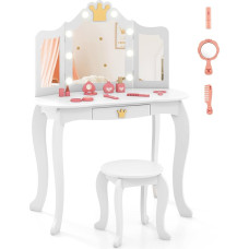 DREAMADE Children's Dressing Table with Stool and Drawer, Princess Dressing Table Cosmetic Table with Removable Mirror and Tilt Protection, Children's Dressing Table for Girls Made of Wood (White with Lighting)