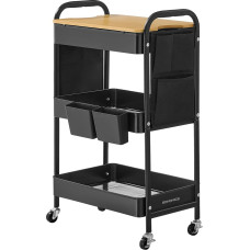 SONGMICS riedantis vežimėlis Virtuvės vežimėlis 3 metalinės tinklinės lentynos Serviravimo vežimėlis 2 nuimami pakabinami konteineriai 2 organizatoriai biurui Virtuvė Svetainė Vonios kambarys Rašalas Juoda LRC036B01