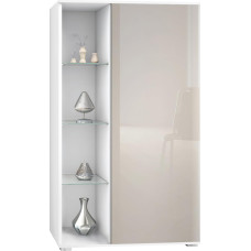 Vladon Davos Display Cabinet Made in Germany, Standing Display Cabinet with 3 Glass Shelves and 8 Compartments, Matte White / Sand Grey High Gloss (71.5 x 134 x 35 cm)