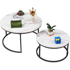 Apvalus kavos staliukas, 2 vnt., baltas marmurinis kavos staliukas su juodu metaliniu rėmu, apvalus staliukas, svetainės stalas, modernus, svetainės, miegamojo, balkono staliukų rinkinys