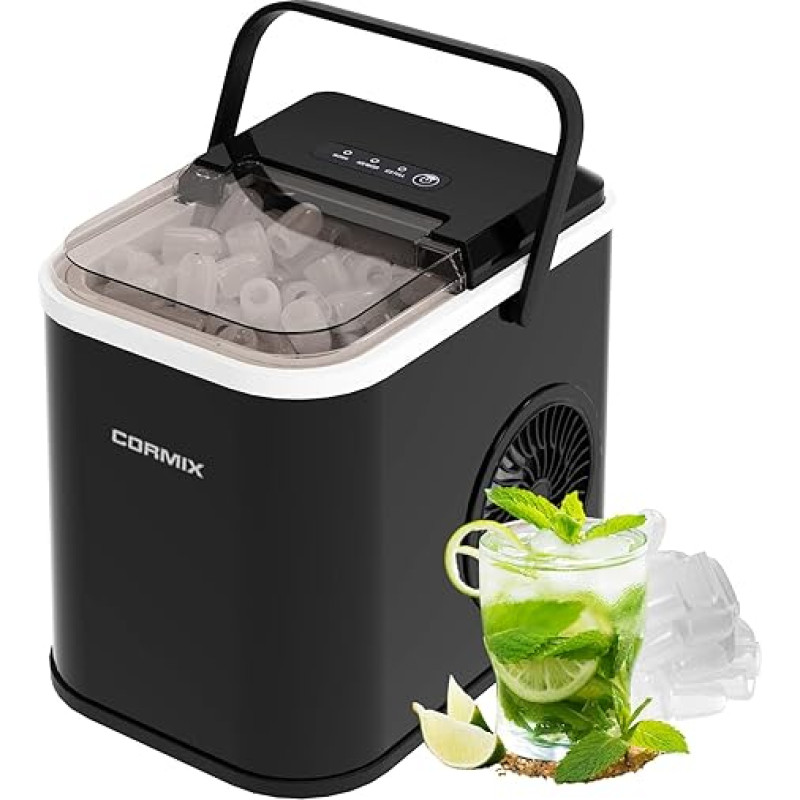 Ledo kubelių aparatas, 120 W mažas ledo kubelių gaminimo aparatas, 8 ledo kubeliai per 6 minutes, 12 kg/24 h, ledo gaminimo aparatas su infraraudonųjų spindulių jutikliu ir savaiminio valymo funkcija, skirtas virtuvei, biurui, barui ir vakarėliams