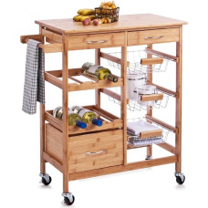 BAKAJI Bamboo Wood Kitchen Trolley with 2 Shelves 2 Shelves for Kitchen Utensils Storage with 3 Bottle Baskets and Fruit Basket, Metal 4 Wheels, Load Capacity