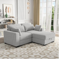 Cord Corner Sofa with Sleep Function, 2-Seater Upholstered Sofa, Modular Corner Sofa, L-Shaped Sofa Bed, Couch Set, Sofa Bed, Sofas & Couches for Living Room, Bedroom, Flats (Grey-A1)