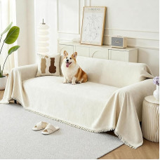 Couchbezug für Hunde, Boho-Sofabezüge für 3 Kissen, Chenille-Sofa-Schonbezug für Haustiere, waschbar, L-Form, Sektionalcouch, Zweisitzer-Bezug, weiche Überwurfdecken mit Quasten (180 x 296 cm