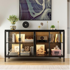 Stiklo bufetas, stiklinė spintelė, 2 durų stiklo bufetas su geležiniu rėmu, stiklinė vitrina su 3 spalvų šviesos juostomis, 40 x 140 x 75 cm, juoda