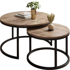 lukmebel Round Coffee Table - CIRI 2-in-1 - Round Side Table - Coffee Table - Industrial Decoration - Living Room - Small Side Table - Sofa Table - Small Table - Black, Wotan Oak
