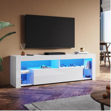 TV lenta 160 cm Moderni TV spintelė su stiklo lentynomis 160 x 35 x 50,5 cm Vietos televizoriaus laikymo erdvė TV lenta su durelėmis Balta blizgi