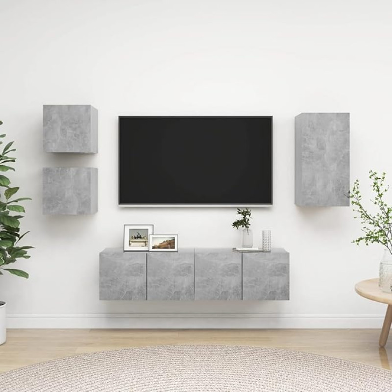 TV Schrank,5-TLG. TV-Schrank-Set Betongrau Holzwerkstoff,TV lenta Hängend Schrank Fernsehschrank TV bankas Wohnzimmer Möbel Modern Wandschrank für Wohnzimmer Schlafzimmer