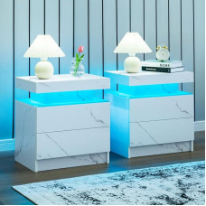 LED naktinis staliukas su LED apšvietimu, modernus naktinis staliukas su 2 stalčiais, skirtas svetainei, miegamajam (baltas + pilkas, 2)