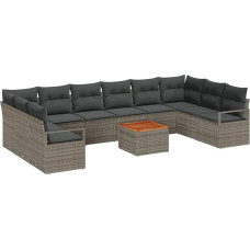 11-teiliges Garten Sofa Set mit Kissen Grau Poly Rattan Akazie, 2-Sitzer Garten Sofa mit Stauraum & Kissen Grau Poly Rattan Gartenlounge Model3356424