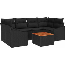 7-teiliges Garten-Sofa-Set mit Kissen in Schwarz aus Poly-Rattan mit Akazie Gartenlounge Modelis3356455