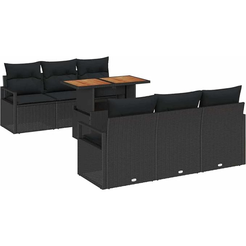 7-teiliges Garten-Sofa-Set mit Kissen Schwarz Poly-Rattan Akazie, 2-Sitzer Garten-Sofa mit Kissen Schwarz Poly-Rattan Gartenlounge Modelis3349659