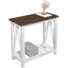 Narrow Side Table Farmhouse Bedside Tables with Shelf, Rustic Narrow Bedside Table for Bedroom, Living Room, Hallway, Dorm, Brown and White