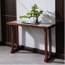 Moderner Massivholz-Konsolentisch für den Eingangsbereich, Vintage-Sofatisch mit stabilen Beinen, 160 cm, grau eingebettete gesinterte Steinplatte, langer Akzenttisch für Wohnzimmer