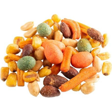 Riešutų mišinys 1250 g - užkandis su rūkytais migdolais, vasabi žemės riešutais, ryžių užkandžiais, barbekiu kukurūzais ir sūdytais žemės riešutais - GReat Paragaukite žemės turtų