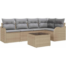 6-teiliges Garten Sofa Set mit Kissen Schwarz Poly-Rattan, 2-Sitzer Garten Sofa mit Stauraum & Kissen Beige Poly-Rattan Gartenlounge Modelis3354379