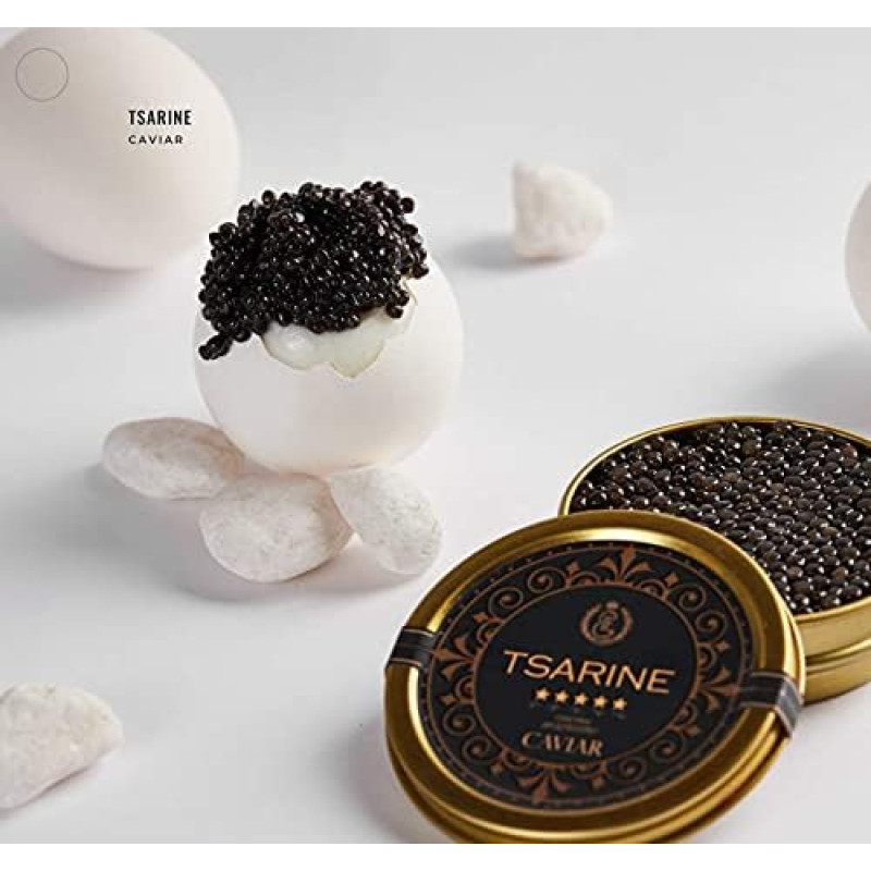 20 g Sibiro eršketų ikrai, juodieji ikrai, žuvų ikrai, Malossol ikrai, prekės ženklas, TSARINE Caviar subtilaus skonio ir unikalios apdailos