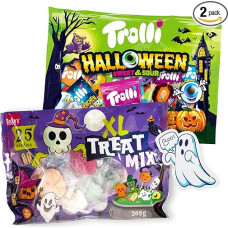 Helovino saldainių rinkinys - Becky's Mix 205g ir Trolli Sweet & Sour 360g su vaiduoklių lipdukais - puikiai tinka 