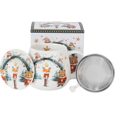 Arbatos puodelis su dangteliu ir sieteliu, 430 ml - porcelianinis naujasis kaulų Kinijos puodelis, nerūdijančio plieno infuzorius, dovanų dėžutė - kalėdinis dizainas - galima plauti indaplovėje ir mikrobangų krosnelėje - dovana (KALĖDINIAI puodeliai 2)