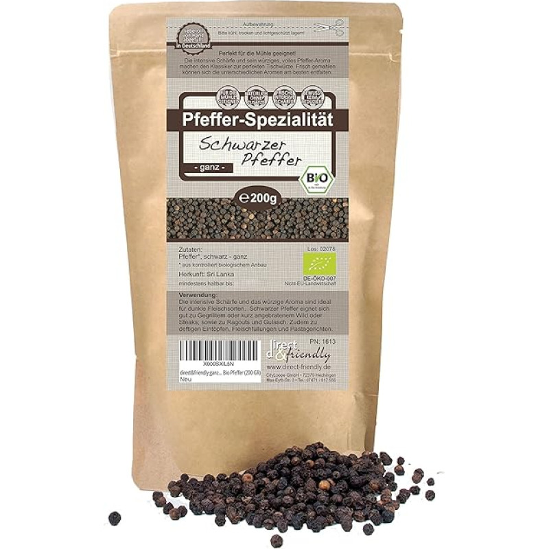 direct&friendly Ekologiški juodieji pipirai, skirti malūnui (200 g)