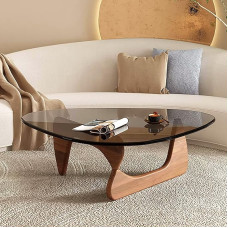 Trikampio formos stiklinis kavos staliukas, vidurio amžiaus modernus abstraktus šoninis staliukas su medine baze, nedidelis centro staliukas svetainei, namų biurui, 91,4 x 64,8 x 40,6