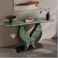 Konsolinis stalas su pusmėnulio akcentu, storesniu stalviršiu ir vieta daiktams laikyti, pusmėnulio marmuro prieškambario stalas prieškambaryje, svetainėje ir miegamajame (juoda E, 150 x 30 x 80 cm)