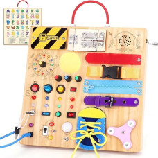 23-in-1 Montessori užimta lenta mažyliams nuo 1 metų Medinis žaislas su 15 jungiklių, 26 LED lemputėmis, muzikine dėžute, 