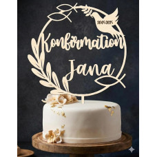 Tortas Topper Krikštynos Komunija Patvirtinimas - Dydis: 15-20 cm, personalizuotas su vardu ir data - Tortas Topper Medinė religinė šventė - Torto dekoracija su balandžiu ir vainiku - Individualiai graviruotas